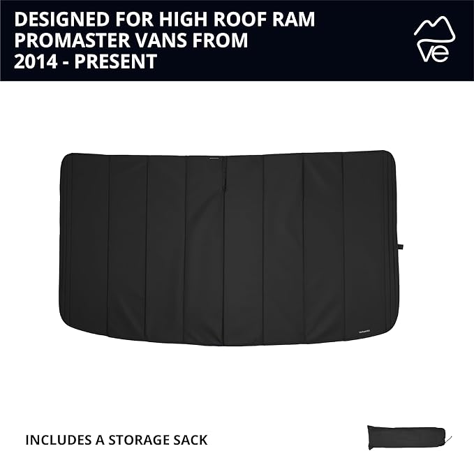 VanEssential Insulated Stealth Blackout Front Windshield Cover Designed for RAM Promaster Van Years 2014 to Current Model - Black
