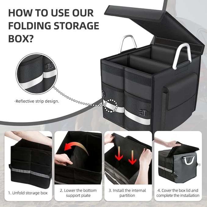 55L Car Trunk Organizer with Reflective Stripes.1680D Polyester Folding Car Organizer with Reinforced Handles, Folding and Multi-Compartment, Storage for SUV, Truck, Sedan (Black, 28L)