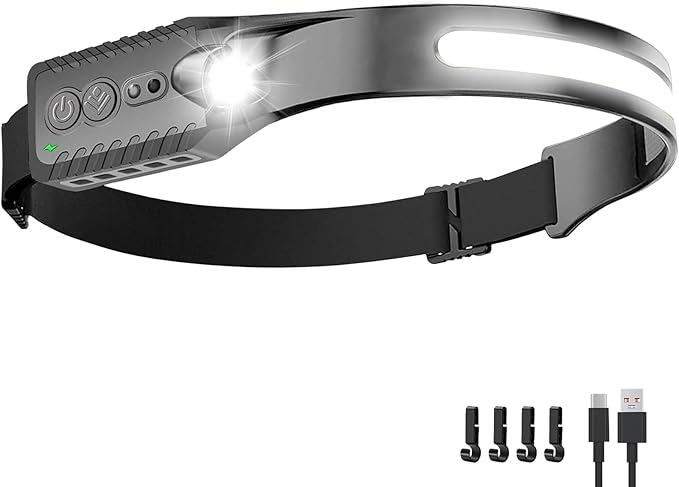 Nessciera Rechargeable LED Headlamp (Gray), 400 Lumens, 230° Wide Beam, USB-C, 5 Modes — Lightweight, Adjustable Headband; Hard Hat Clips for Camping, Hiking, Running & Repairs