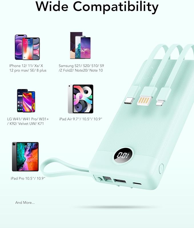 VRURC Portable Charger 20000mAh, Built-in Cables Fast Charging Power Bank, PD QC 3.0 Travel Essentials Battery Pack, 4 Output & 2 Input Phone Charger for iPhone16 15 14 13 X, Samsung, Android