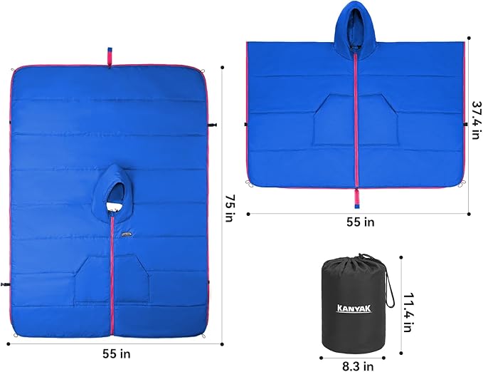 Camping Blanket Poncho, Large Wearable Blankets, 75 x 55 inch Cape, Windproof & Water-Repellent, Portable & Warm, for Outdoor, Sports, Travel, Car
