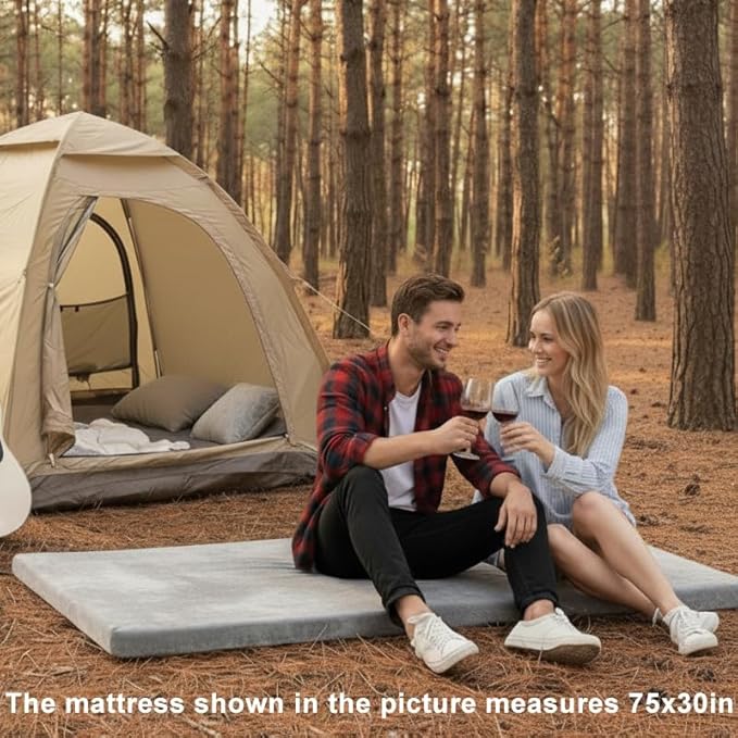 Foam Camping Mattress - Portable Sleeping Pad for Camping, Tent, Car & Floor - Washable Cover & Roll Up Travel Bag - Cot Mattress for Travel & Guests