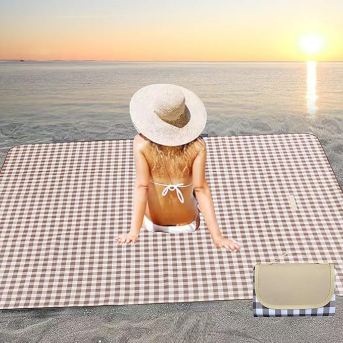 LRUUIDDE Large 80"x 60" Beach Blanket, Outdoor Picnic Blankets, Waterproof Sandproof Portable Blankets, Foldable and Lightweight for Spring Summer Camping, Beach, Park (Brown)