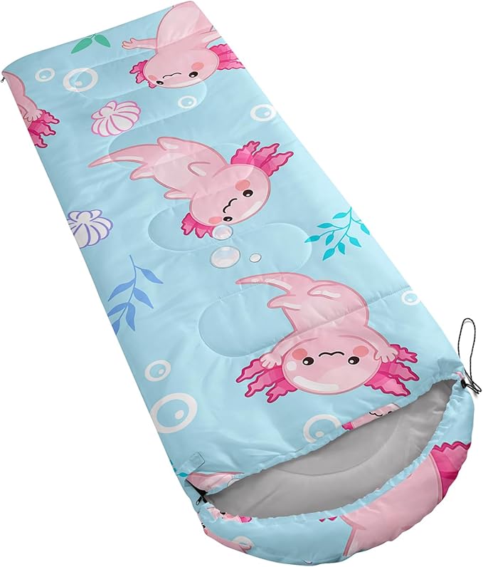 QOOMO Axolotl Cute Camping Sleeping Bags,3 Season Warm & Cool Weather,Lightweight,Waterproof Sleeping Bags for Adults & Kids,Traveling,and Outdoors