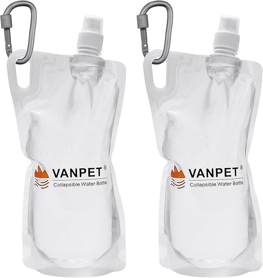 VANPET 1L Hiking Collapsible Water Bottles, 33OZ BPA-Free Plastic Flasks, Reusable Drink Bags, Foldable Backpacking Water Bottle for Travel Camping Hiking (2-Pack)