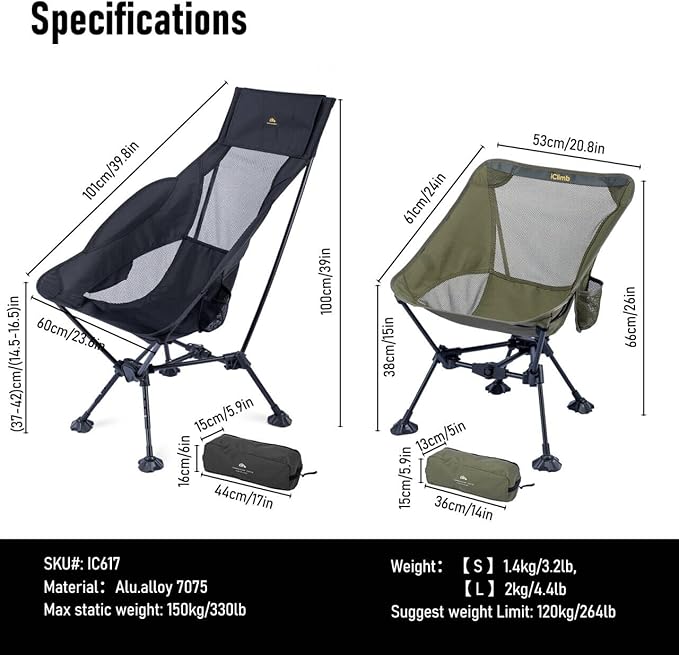iClimb Ultralight Compact Camping Folding Beach Chair with Anti-Sinking Large Feet and Back Support Webbing (Green - Triangular Frame)