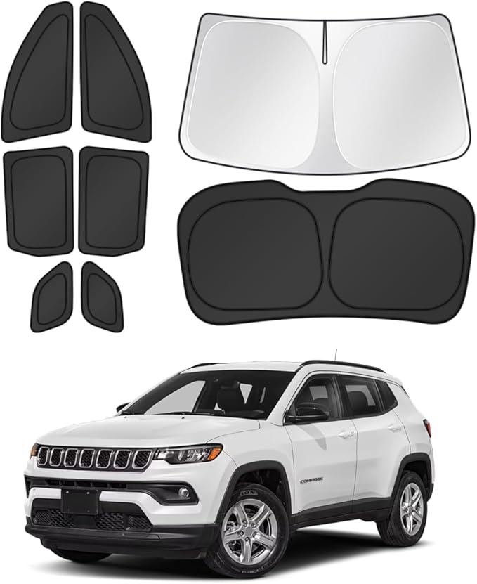 Canvcle Window Shades for 2017-2025 Jeep Compass Accessories Windshield Sun Shade Side Rear Window Covers Sunshade Sun Visor Shield Privacy Protection for Camping Keep Vehicle Cool Black 8PCS