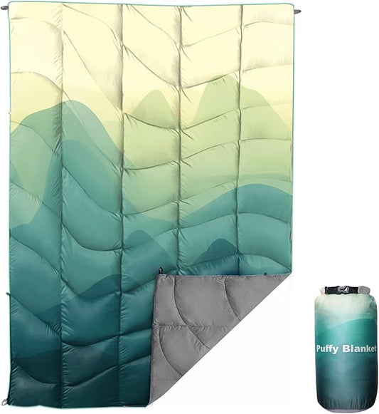 Outdoor Puffy Camping Blanket, Lightweight Down Alternative Puffy Printed Camping Large Ultra Warm Hammock Top Quilt Waterproof Blanket for Traveling Picnic Beach Party Cold Weather (Green Mountain)