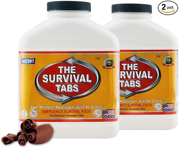 Survival Tabs - 30 Day Survival Food Supply - Gluten Free and Non-GMO 25 Years Shelf Life (2 x 180 tabs/Bottle - Chocolate)