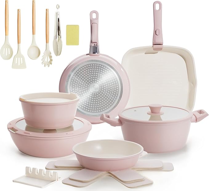 BECIGAR 23pcs Ceramic Pots and Pans Set, Nonstick Detachable Handle Cookware, Induction Kitchen Cooking Set with Removable Handle,include Frying Pans & Saucepans Oven Safe(Pink)