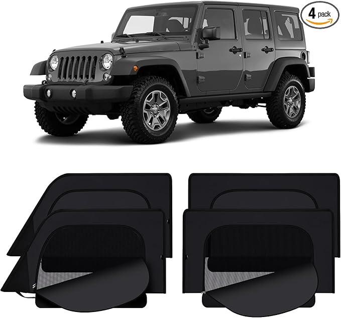 XCBYT Wrangler Window Sunshades for 2007–2018, Dual Layer Car Window Covers with Breathable Mesh & Blackout Cloth, 99% UV Protection Privacy Curtains for Car Camping, Sleeping & Rest (4 PCS)