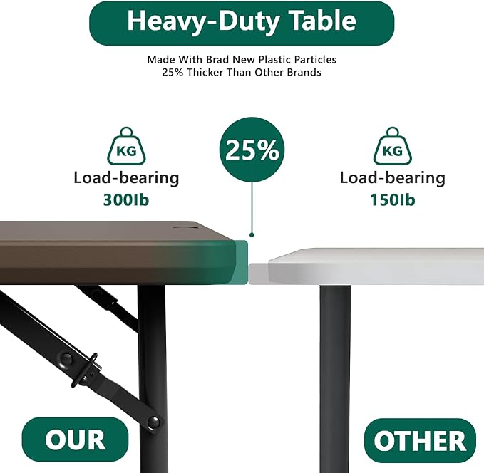 Folding Table 4ft - Heavy Duty Fold-in-Half Plastic Table with Adjustable Height, Portable Utility Tables with Steel Legs for Indoor, Outdoor, Picnic, Camping, Dining, Party(Brown)