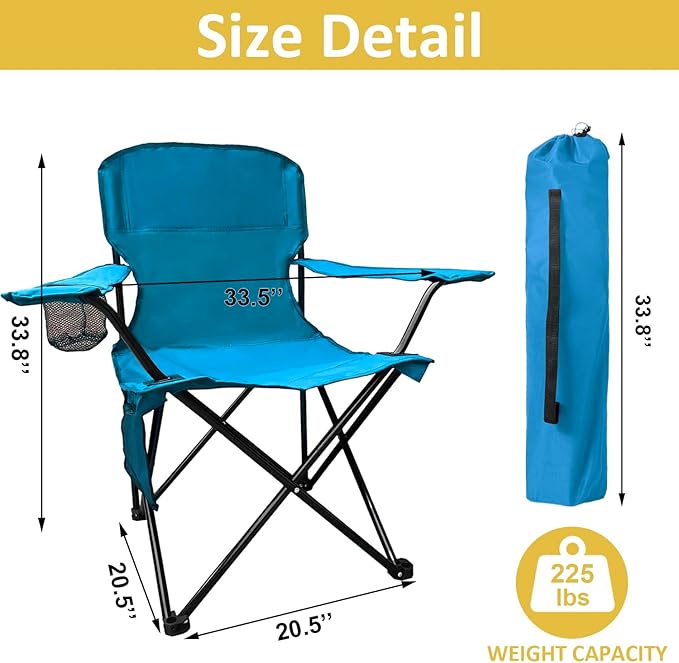 Folding Camping Chair with Cup Holder & Storage Bag, 225lbs Capacity, Large Anti-Sink Feet, Breathable PE Coated Fabric for Outdoor, Hiking, Beach, Fishing, Backpacking, 2PCS Blue