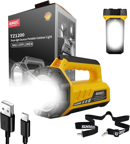 SUNREI Rechargeable LED 1500LM Flashlight, 8 Light Modes Portable Camping Lantern, 10400mAh Power Bank, IP67 Waterproof for Emergencies Power Outages, Hurricane Emergency, Hiking, Home, etc