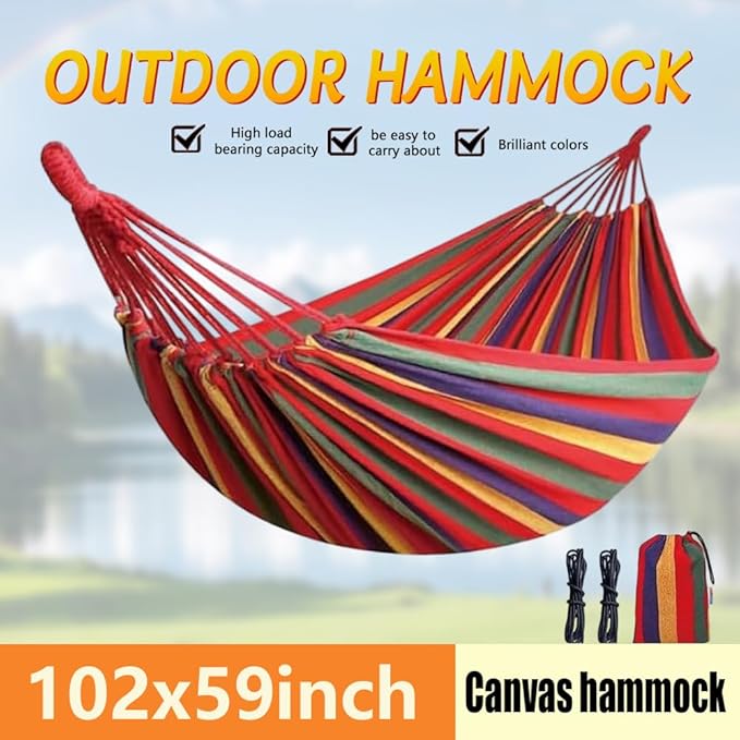 Cotton Canvas Hammock, Comfortable Fabric Camping Hammock with Tree Straps, Up to 440lbs with Travel Bag for Camping Outdoor/Indoor Patio Backyard(Rainbow, Without bar)