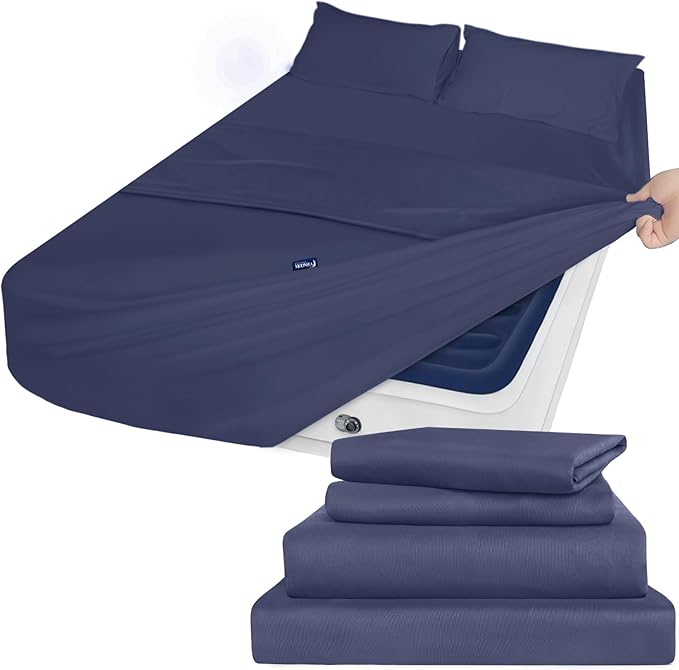 Moonsea Air Mattress Queen Sheet Set - Deep Pocket 4 Piece Queen Size Sheet Set - Breathable & Fade Resistant Easy Fits 16in to 24in Pillow Top Bed Mattress - Navy Blue