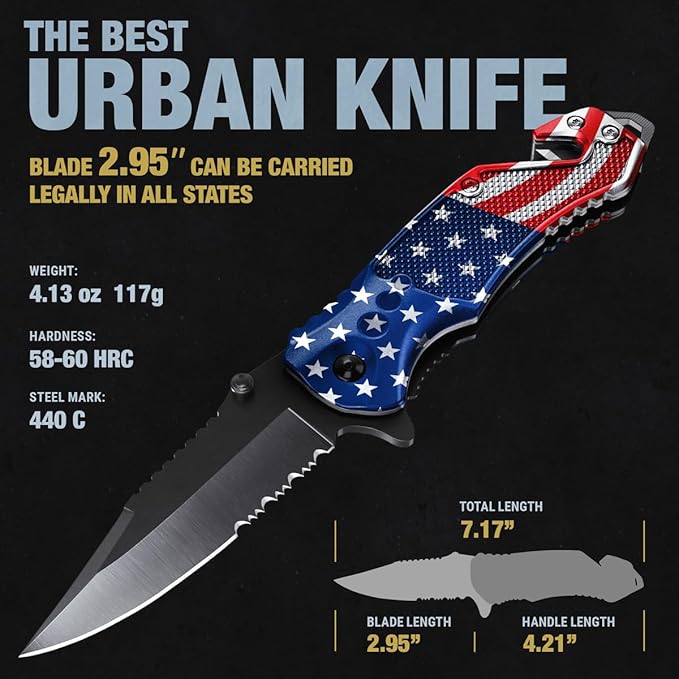 GOOD WORKER Legal Pocket Knife with 2.95” Serrated Blade, Glass Breaker, Seat Belt Cutter - EDC Sharp Folding Knives with Portable Clip - Small Tool for Tactical Camping Survival Hiking - Gifts for Men, Women