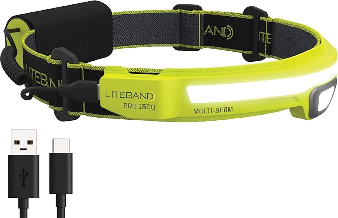 OPTIMAL VENTURES LITEBAND PRO Multi-Beam Rechargeable LED Headlamp, 1500 Lumens, 210° Wide Beam + Focused Spot, Hard Hat Compatible, Professional No-Bounce Fit, IPX5 Weather Resistant, Yellow