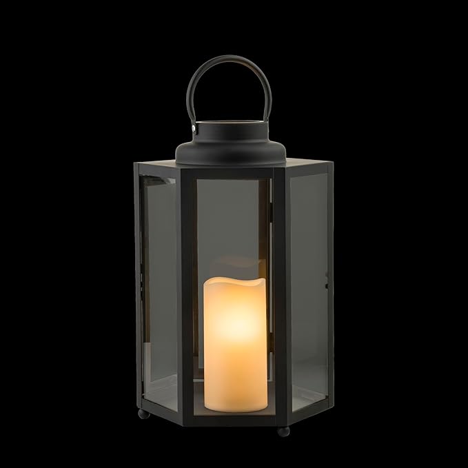 Alpine Corporation 14" Tall Outdoor Hexagonal Battery-Operated Metal Lantern with LED Lights, Black