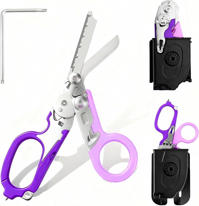Folding Trauma Shears for EMT Accessories, 6 in 1 Multi-function Medical Shears with Holster for Outdoor Camping, Emergency Rescue, First Responders (Purple)