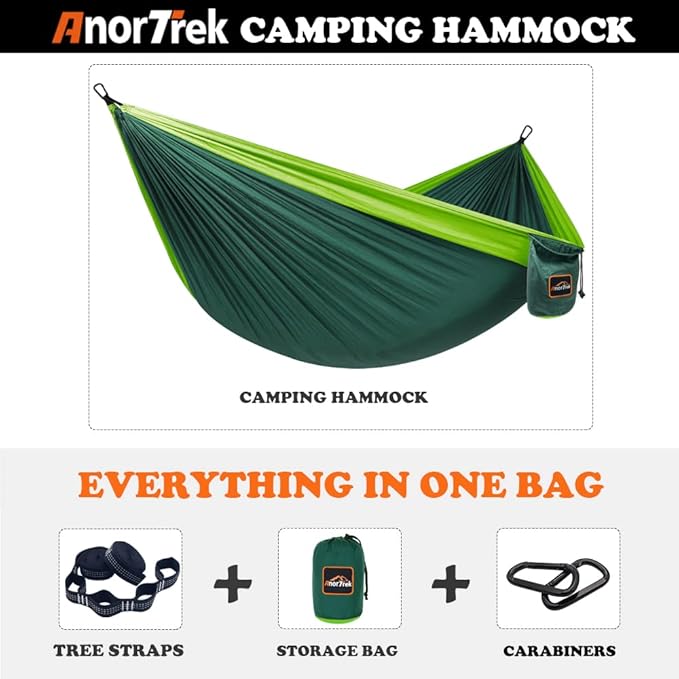 AnorTrek Camping Hammock, Super Lightweight Portable Parachute Hammock with Two Tree Straps Single or Double Nylon Travel Tree Hammocks for Camping Backpacking Hiking