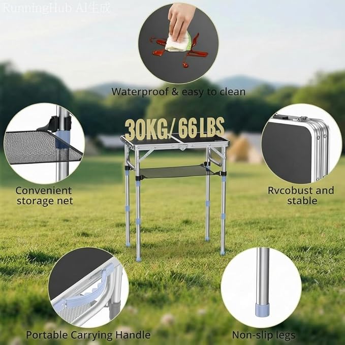 Small Folding Table Portable, 2FT Camping Pinic Table with 3 Adjustable Height, Aluminum Foldable Lightweight Patio Side Table with Carry Handle for Outdoor Hiking Camp BBQ Beach (Black)