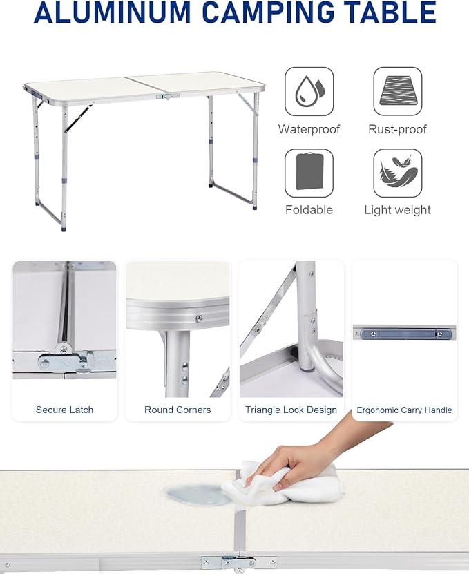 Outvita 4ft Portable Folding Camping Table, Outdoor Waterproof Adjustable Height Table, Aluminum Lightweight Suitcase Foldable Table for Picnic BBQ Beach Dining