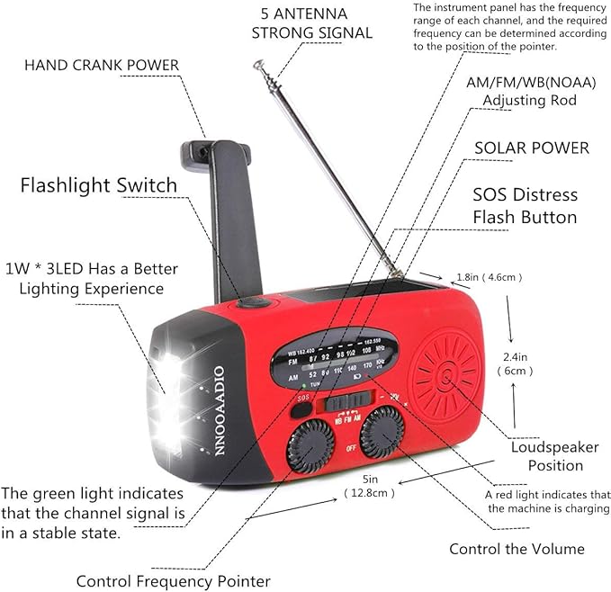 2000mAh SOS Alarm Emergency AM FM Weather Radio, 3LED Type-C Hand Crank Solar Battery Operated Portable Wind Up Radio Flashlight, Cell Phone Charger Survival Kit (Red)
