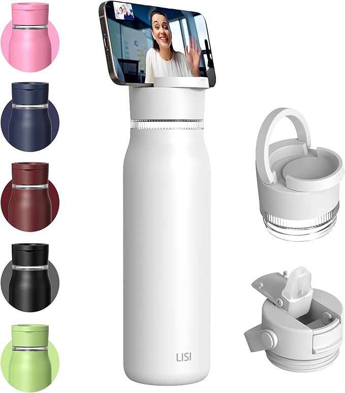 LISI 30oz Insulated Water Bottle, Double Wall Stainless Steel Water Bottles with Straw, 100% Leak-Proof Travel Thermal Canteen Mug with 2 Lids (Straw, Phone Holder Lid)