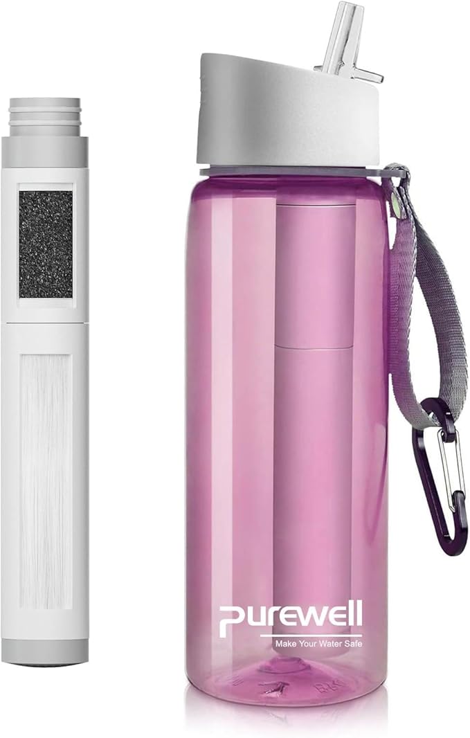 Purewell Filtered Water Bottle BPA Free with 5-Stage Integrated Filter Straw for Camping, Hiking, Backpacking and Travel (Pink)