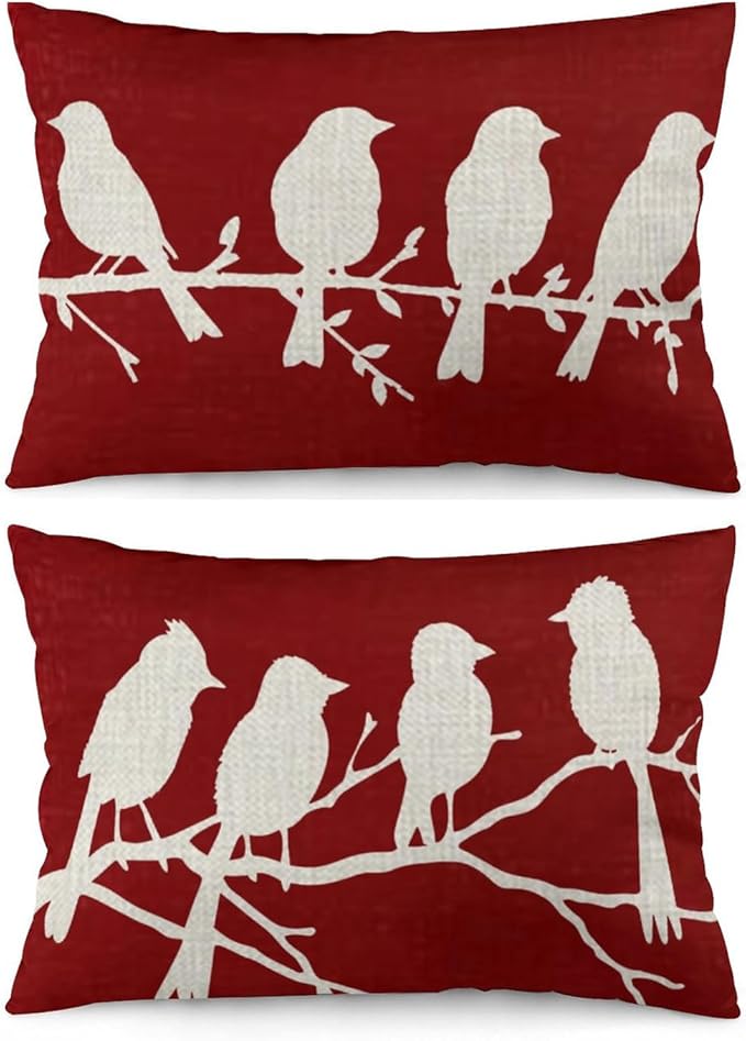 ITFRO Set of 2 Birthday Gift Birds Standing On A Branch Cotton Linen Lumbar Nature Wild Animals Throw Pillow Cover Cushion Case Sofa Home Decor 12x20 Inches (Red Set)