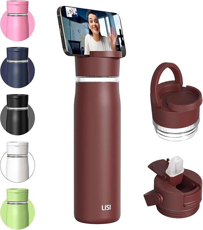 LISI 24oz Insulated Water Bottle, Double Wall Stainless Steel Water Bottles with Straw, 100% Leak-Proof Travel Thermal Canteen Mug with 2 Lids (Straw, Phone Holder Lid)