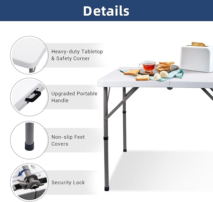 Byliable 34" Square Folding Card Table, Fold-in-Half Utility Dining Portable Table Heavy Duty HDPE White Plastic Foldable with Carrying Handle Indoor Outdoor for Picnic, Camping, Party
