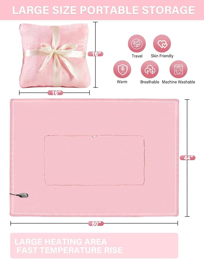 Car Heated Blanket, 12/24V Portable Heated Blanket for Car, Machine Washable Flannel Travel Blanket, 3 Heating Levels, 60x44 Inches, 4-in-1 Design, Convenient Storage for Camping,Pink