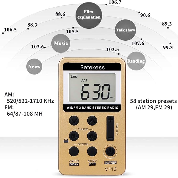 Retekess V112 AM FM Radio Portable, Mini Radio,Digital Tuning Rechargeable Battery LCD Display for Walking Jogging(Gold)