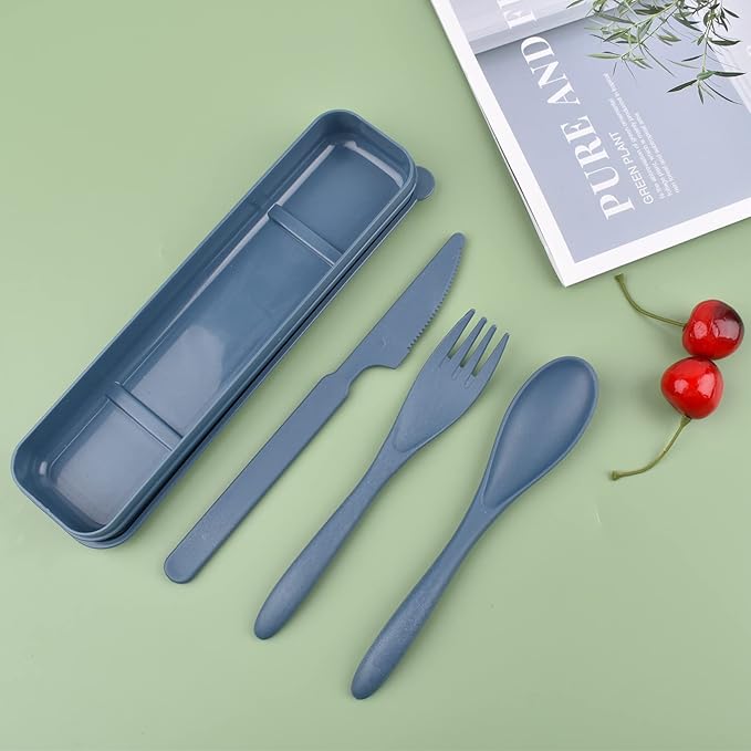 Reusable Cutlery with Case, Portable Dark Utensils Set for Adults, Tableware Camping Utensils for Kitchens, Dishwasher Safe (Dark blue)