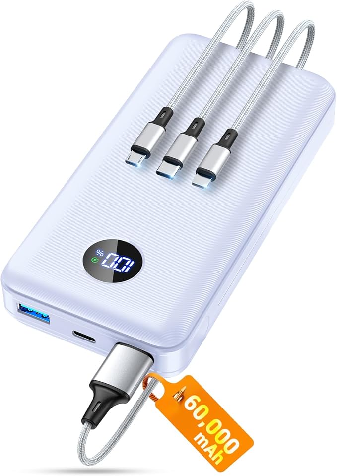 Portable Charger Power Bank, 60000mAh Battery Pack with 3 in 1 USB-C/iOS/Micro-USB Cable, 22.5W Fast Charging Portable Phone Charger, Travel Camping Essential Powerbank for iPhone 17/16 Samsung,Purple