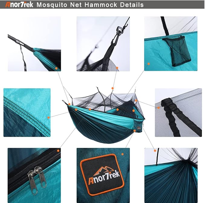 AnorTrek Camping Hammock with Mosquito Net, Double & Single Lightweight Portable Hammocks with Tree Straps, Parachute Hammock for Camping, Backpacking