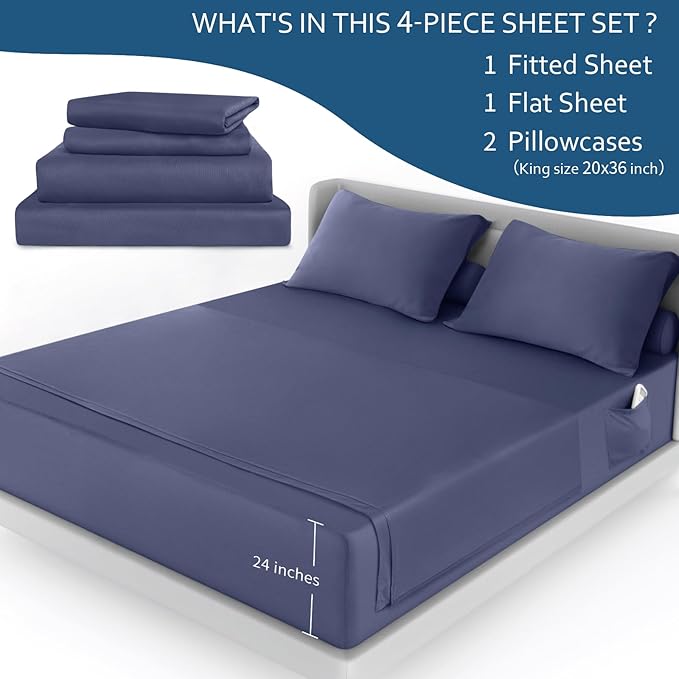 Moonsea Cal King Sheet Set - 4 Piece California King Sheet Sets - Extra Deep Pocket Hotel Luxury California King Sheets Fade Resistant Fits up to 24in Cal King Bed Mattress - Navy Blue
