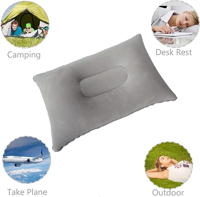 Alovexiong 2 Pack Gray Ultralight Inflatable Pillow Small Squared Flocked Fabric Air Pillow for Hiking, Camping, Traveling, Napping, Desk Rest, Neck & Lumbar Support