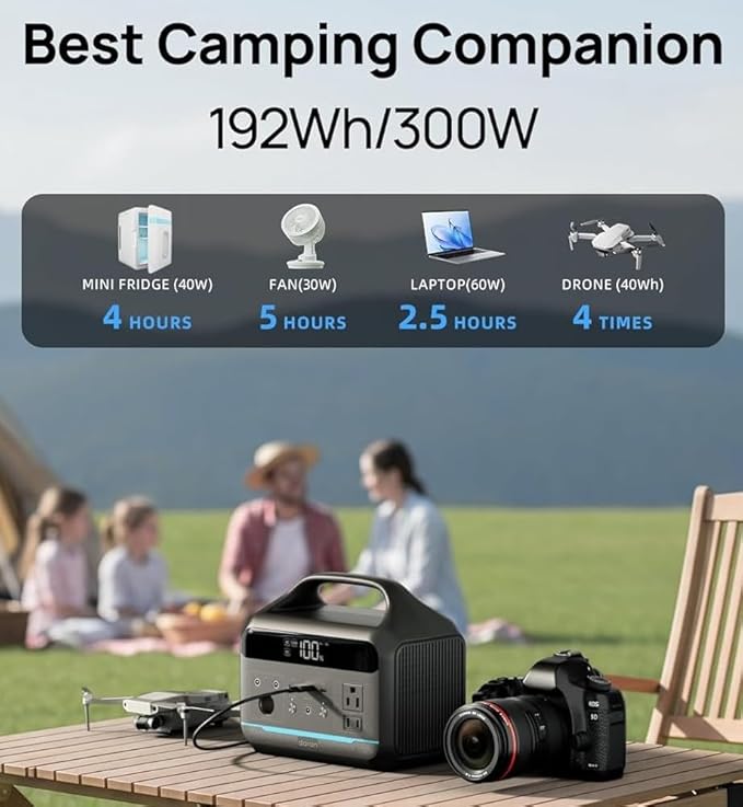 DARAN Portable Power Station 300W(600W Peak), 192Wh(60000mAh) LFP Battery, Solar Generator w/2 AC Outlets, USB-C PD 60W, LED Light, Power Bank for Camping, RV, Travel, Home Emergency(Solar Optional)