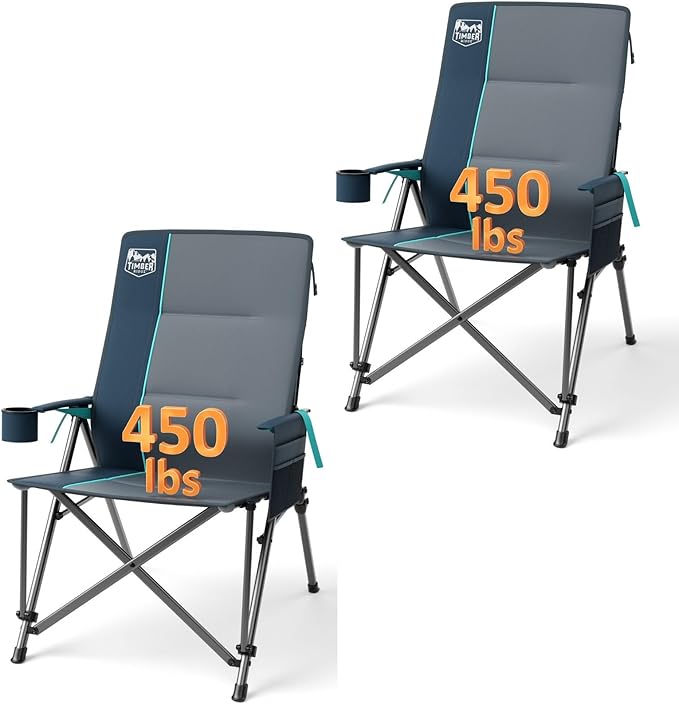 TIMBER RIDGE Oversized Camping Chair with Lumbar Support, Portable Folding Chair Heavy Duty for Adults Supports 450 LBS for Outdoor Camping, Lawn, with High Back, Cup Holder, Side Pocket - Blue, 2Pack