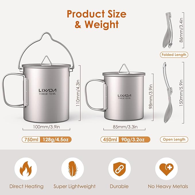 Lixada Titanium Camping Cookware with Folding Spork, 750ml Camping Titanium Pot & 450ml Coffee Mug with Foldable Handle & Lid, Portable Outdoor Cookware Set for Backpacking Hiking Cooking