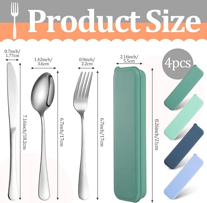 Yinkin 4 Pack Portable Travel Utensils Set with Case Reusable Stainless Steel Silverware Flatware Camping Cutlery Include Fork Spoon Knife for Work School Dishwasher Safe(Blue Color Series)