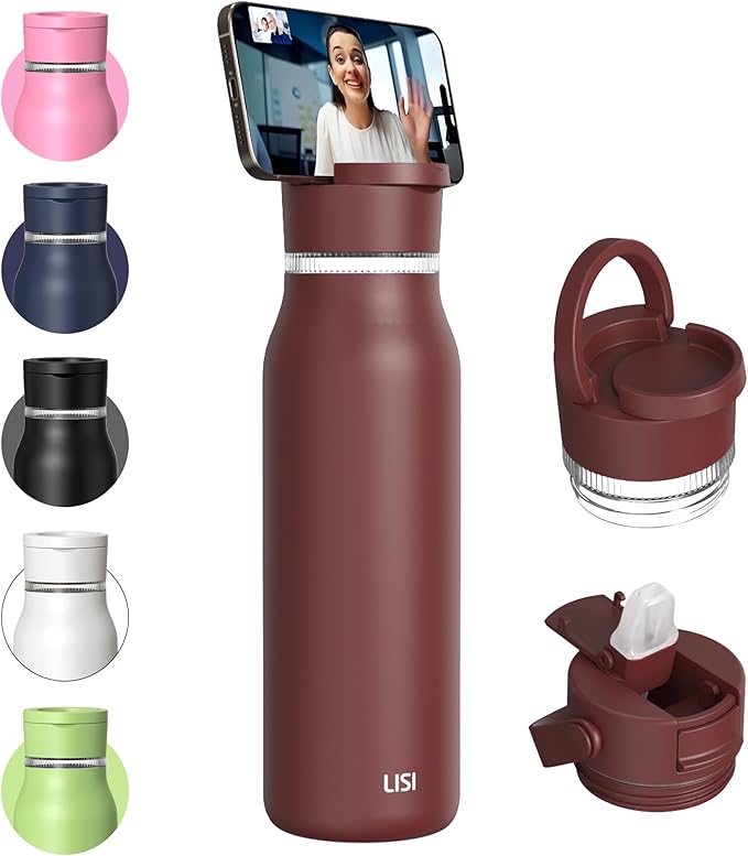 LISI 40oz Insulated Water Bottle, Double Wall Stainless Steel Water Bottles with Straw, 100% Leak-Proof Travel Thermal Canteen Mug with 2 Lids (Straw, Phone Holder Lid)