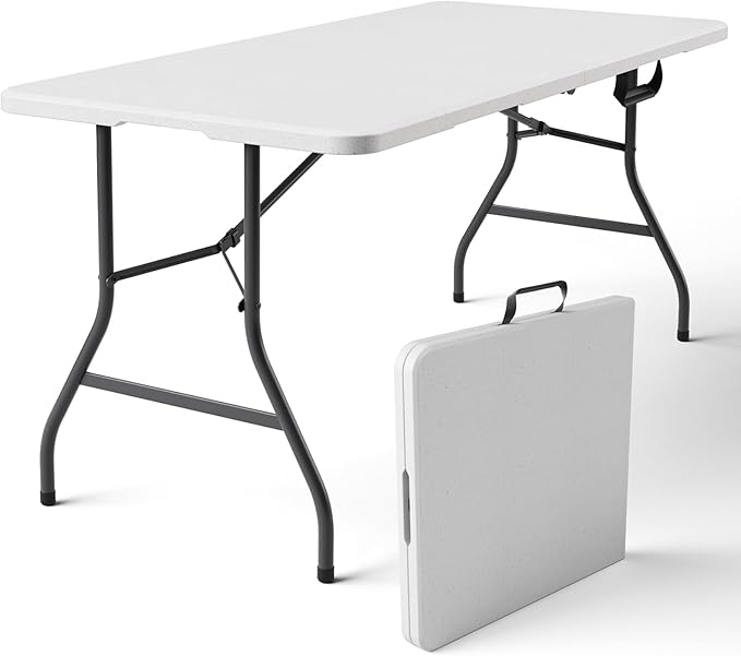 Folding Table 5ft - Heavy Duty Fold-in-Half Plastic Table with Adjustable Height, Portable Utility Tables with Steel Legs for Indoor, Outdoor, Picnic, Camping, Dining, Party (White)