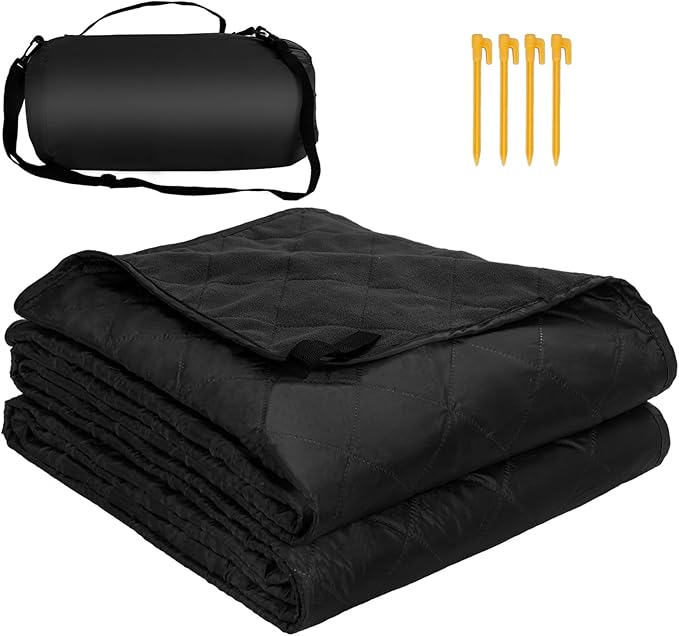 Waterproof Camping Blanket w/Fleece Lining, Large Stadium Blankets for Outdoor Cold Weather, Windproof Emergency Throw, LightWeight and Warm for Hiking, Dog, Picnic, Washable, 55”X 82” (Black, 1PCS)