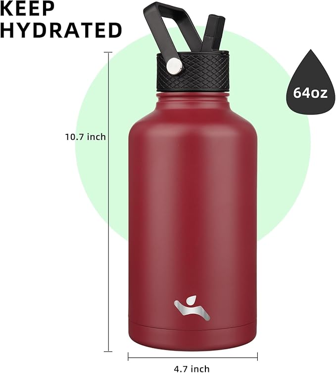 Konokyo Half Gallon Insulated Water Bottle with Straw,64 oz 3 Lids Water Jug with Carrying Bag,Paracord Handle,Double Wall Vacuum Stainless Steel Metal Flask,Dark Red