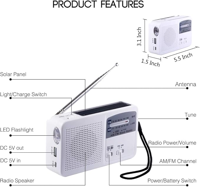 Emergency Radio with Solar and Hand Crank Self Powered, Battery USB Recharging FM/AM Radio LED Flashlight Cell Phone Charger (White)