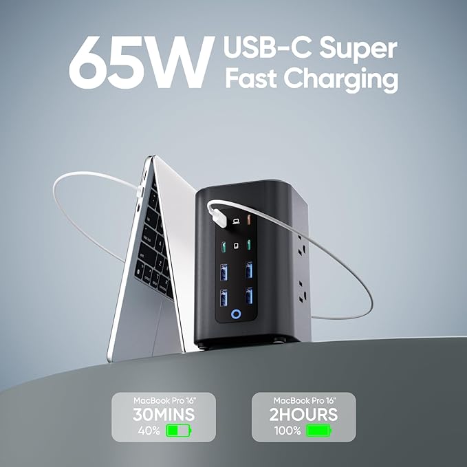 TenTrend Power Strip Tower (230W), 14-in-1 USB-C Charging Station Tower with 2000J Surge Protection, 5FT Extension Cord with 6 AC Outlets & 8 USB Ports for Home Office Dorm Essentials